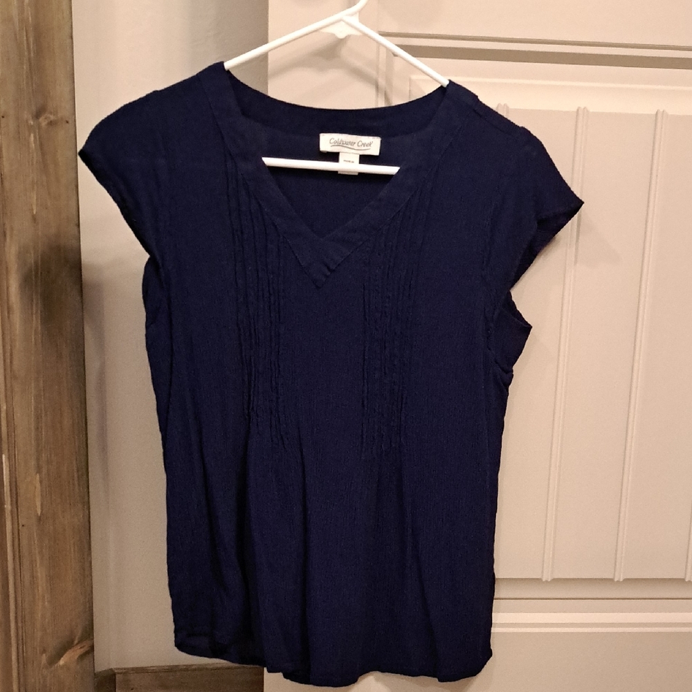 Coldwater Creek Navy V-Neck Pintuck Cap-Sleeve Top